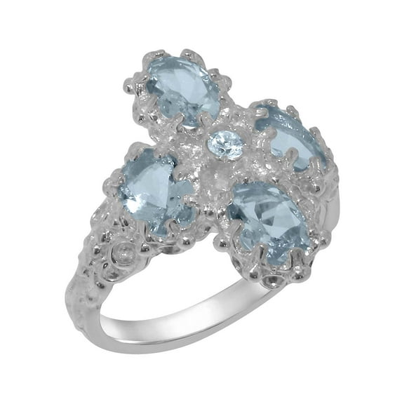 LBG British Made 925 Sterling Silver Cubic Zirconia & Aquamarine Womens Statement Ring - 33 size options - Size 8.75