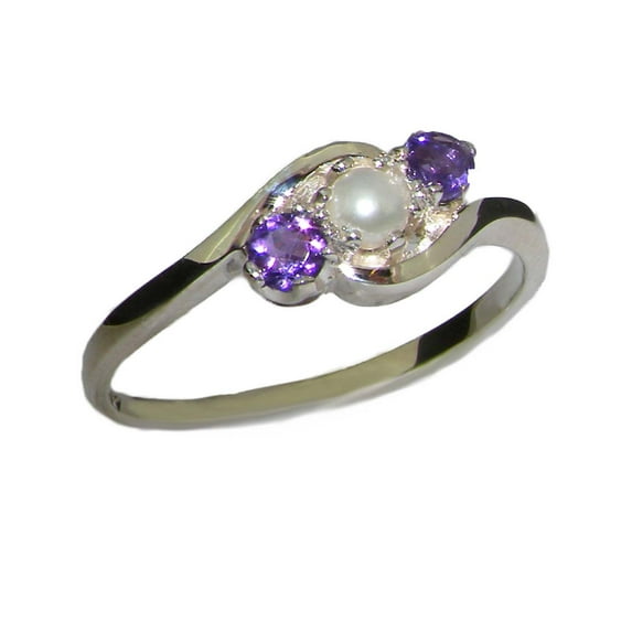 LBG British Made 925 Sterling Silver Cultured Pearl & Amethyst Womens Trilogy Ring - 33 size options - Size 8.25