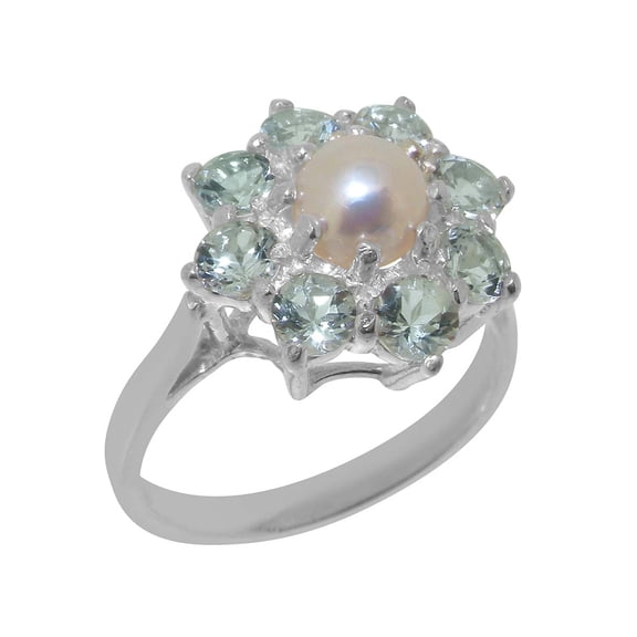 LBG British Made 925 Sterling Silver Cultured Pearl & Aquamarine Womens Promise Ring - 33 size options - Size 9.5