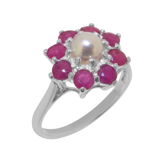 LBG British Made 925 Sterling Silver Cultured Pearl & Ruby Womens Engagement Ring - 33 size options - Size 4.75