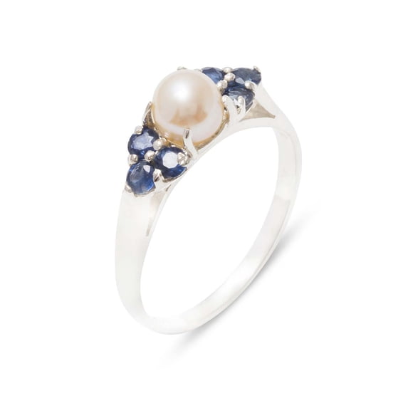 LBG British Made 925 Sterling Silver Cultured Pearl & Sapphire Womens Cluster Ring - 33 size options - Size 10.5