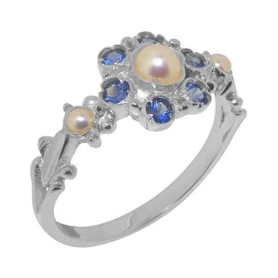 LBG British Made 925 Sterling Silver Cultured Pearl & Sapphire Womens Engagement Ring - 33 size options - Size 8.5