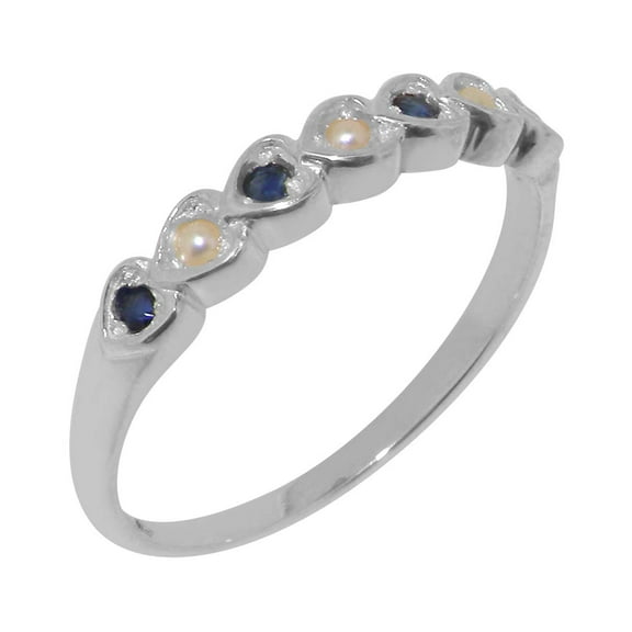 LBG British Made 925 Sterling Silver Cultured Pearl & Sapphire Womens Eternity Ring - 33 size options - Size 10