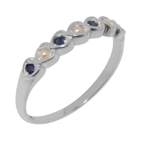 LBG British Made 925 Sterling Silver Cultured Pearl & Sapphire ring Womens Eternity Ring - 33 size options - Size 11.75