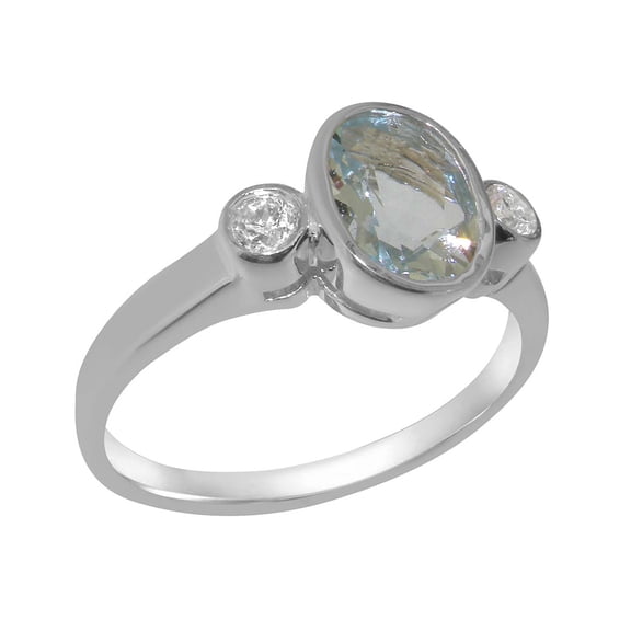 LBG British Made 925 Sterling Silver Genuine Natural Aquamarine & Cubic Zirconia Womens Statement Ring - 33 size options - Size 5.5