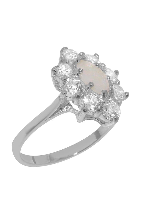 LBG British Made 925 Sterling Silver Genuine Natural Opal & Cubic Zirconia Womens Anniversary Ring - 33 size options - Size 5.5