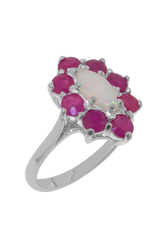 LBG British Made 925 Sterling Silver Genuine Natural Opal & Ruby Womens Anniversary Ring - 33 size options - Size 5.5