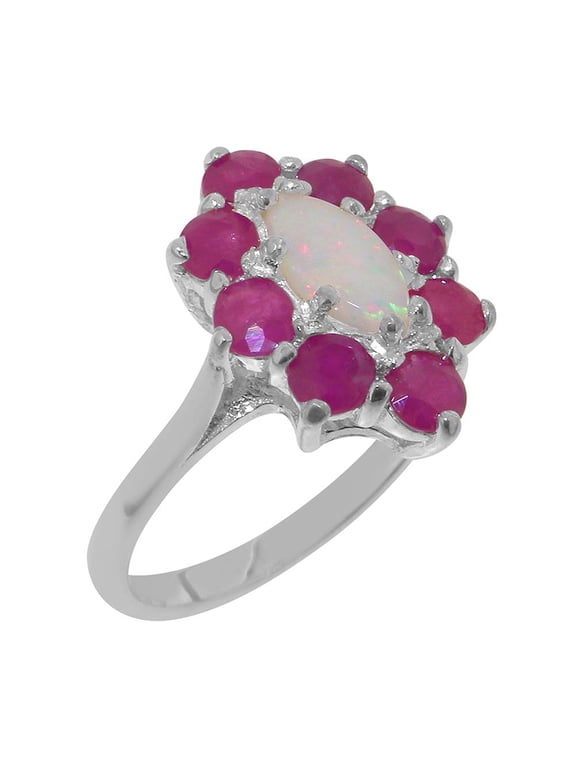 LBG British Made 925 Sterling Silver Genuine Natural Opal & Ruby Womens Anniversary Ring - 33 size options - Size 5.5