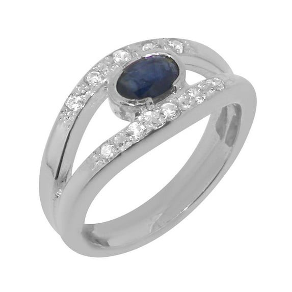 LBG British Made 925 Sterling Silver Genuine Natural Sapphire & Cubic Zirconia Womens Band Ring - 33 size options - Size 5.5