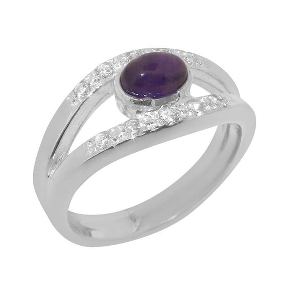 LBG British Made 925 Sterling Silver Natural Amethyst & Cubic Zirconia Womens Promise Ring - 33 size options - Size 8.75