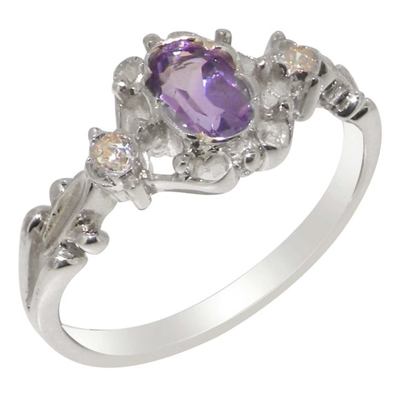 LBG British Made 925 Sterling Silver Natural Amethyst & Cubic Zirconia Womens Statement Ring - 33 size options - Size 10.5