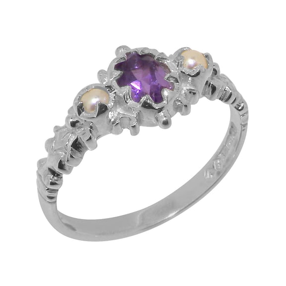LBG British Made 925 Sterling Silver Natural Amethyst & Cultured Pearl Womens Promise Ring - 33 size options - Size 10.75