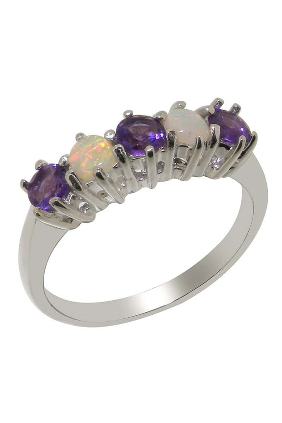 LBG British Made 925 Sterling Silver Natural Amethyst & Opal October Birthstone Womens Anniversary Ring - 33 size options - Size 12
