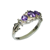 LBG British Made 925 Sterling Silver Natural Amethyst Womens Trilogy Ring - 33 size options - Sizes 4 to 12 Available