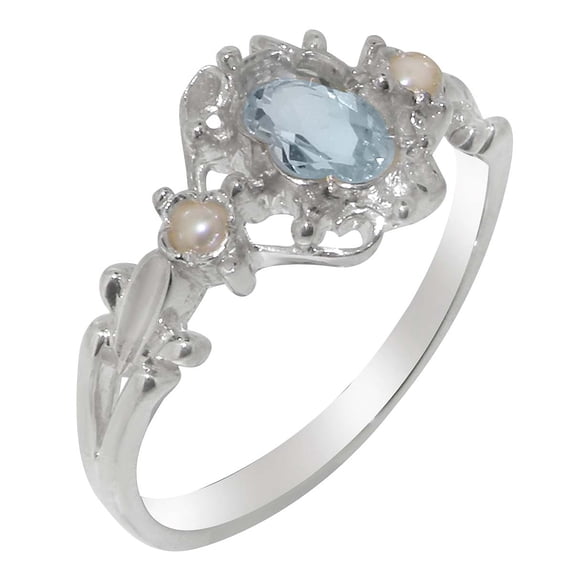LBG British Made 925 Sterling Silver Natural Aquamarine & Cultured Pearl Womens Trilogy Ring - 33 size options - Size 11.25