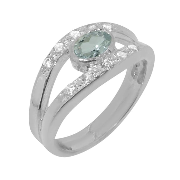 LBG British Made 925 Sterling Silver Natural Aquamarine & Diamond Womens Anniversary Ring - 33 size options - Size 9