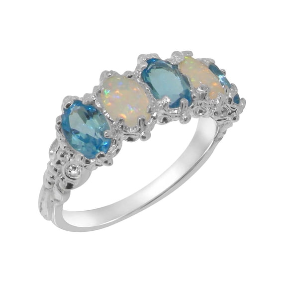 LBG British Made 925 Sterling Silver Natural Blue Topaz & Opal Womens Eternity Ring - 33 size options - Size 10.5
