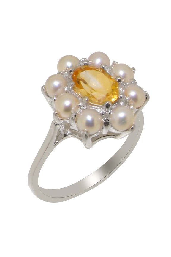 LBG British Made 925 Sterling Silver Natural Citrine & Cultured Pearl Womens Engagement Ring - 33 size options - Size 8