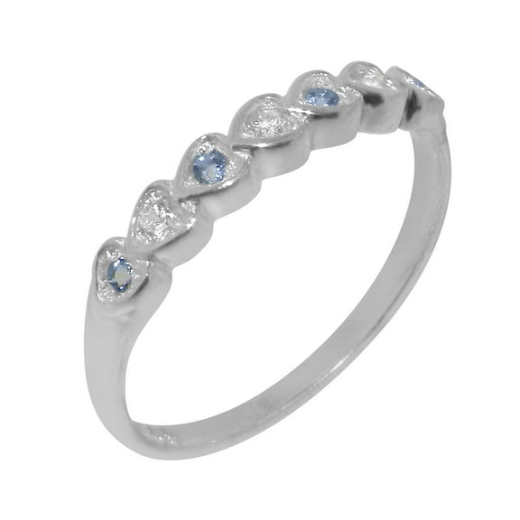 LBG British Made 925 Sterling Silver Natural Diamond & Aquamarine Womens Eternity Ring - 33 size options - Size 10.75
