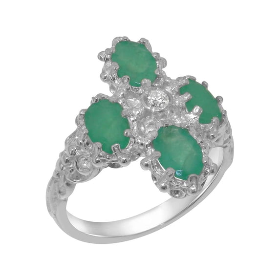 LBG British Made 925 Sterling Silver Natural Diamond & Emerald Womens Anniversary Ring - 33 size options - Size 5.5