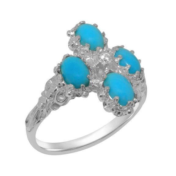LBG British Made 925 Sterling Silver Natural Diamond & Turquoise Womens Statement Ring - 33 size options - Size 10