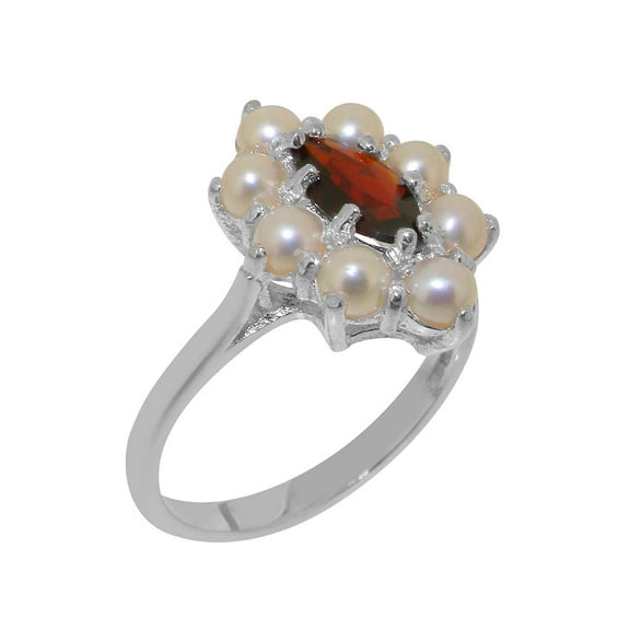 LBG British Made 925 Sterling Silver Natural Garnet & Cultured Pearl Womens Statement Ring - 33 size options - Size 10
