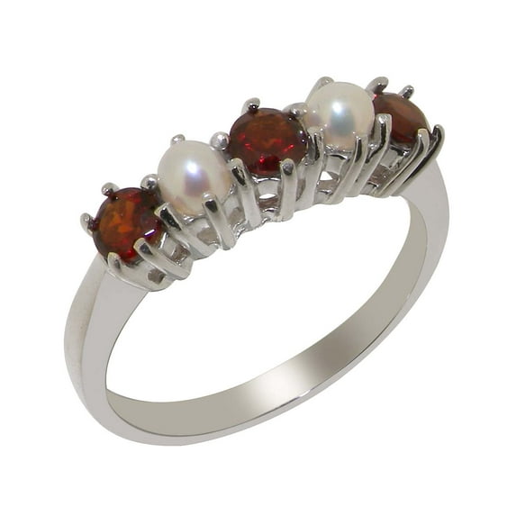 LBG British Made 925 Sterling Silver Natural Garnet January Birthstone & Cultured Pearl Womens Eternity Ring - 33 size options - Size 8