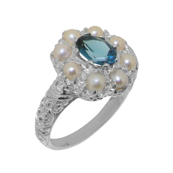 LBG British Made 925 Sterling Silver Natural London Blue Topaz & Cultured Pearl Womens Engagement Ring - 33 size options - Size 4.75