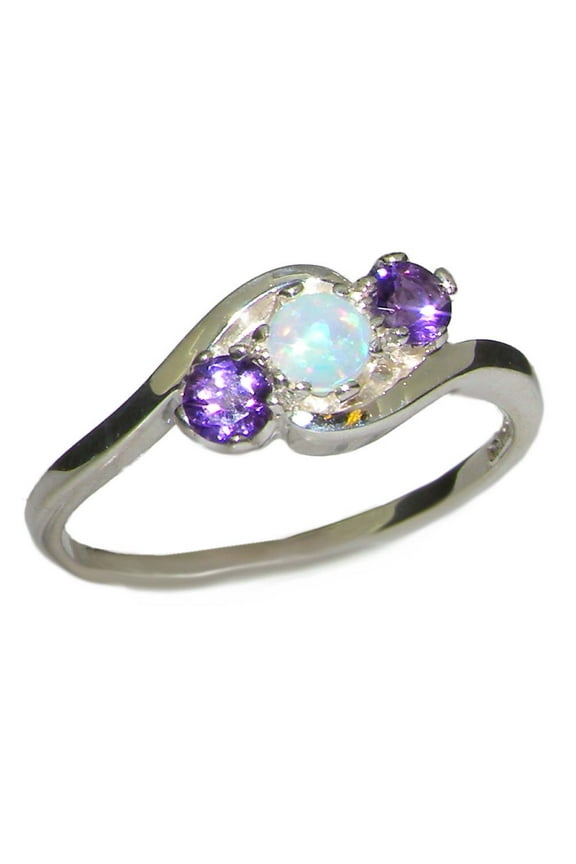 LBG British Made 925 Sterling Silver Natural Opal & Amethyst Womens Trilogy Ring - 33 size options - Size 7.5