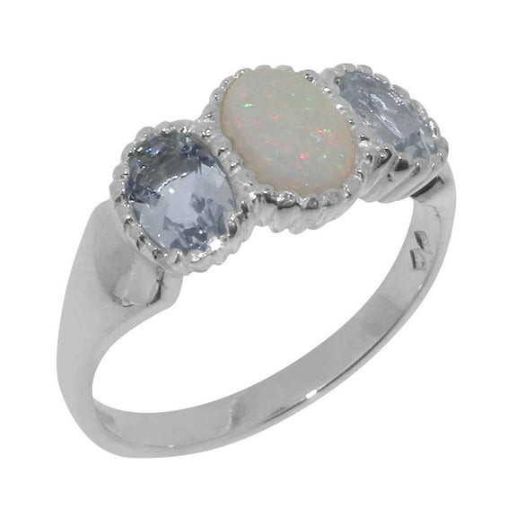 LBG British Made 925 Sterling Silver Natural Opal & Aquamarine Womens Anniversary Ring - 33 size options - Size 10