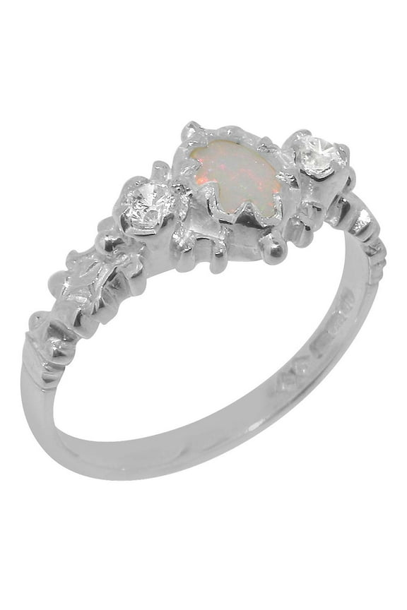 LBG British Made 925 Sterling Silver Natural Opal & Cubic Zirconia Womens Anniversary Ring - 33 size options - Size 7.75
