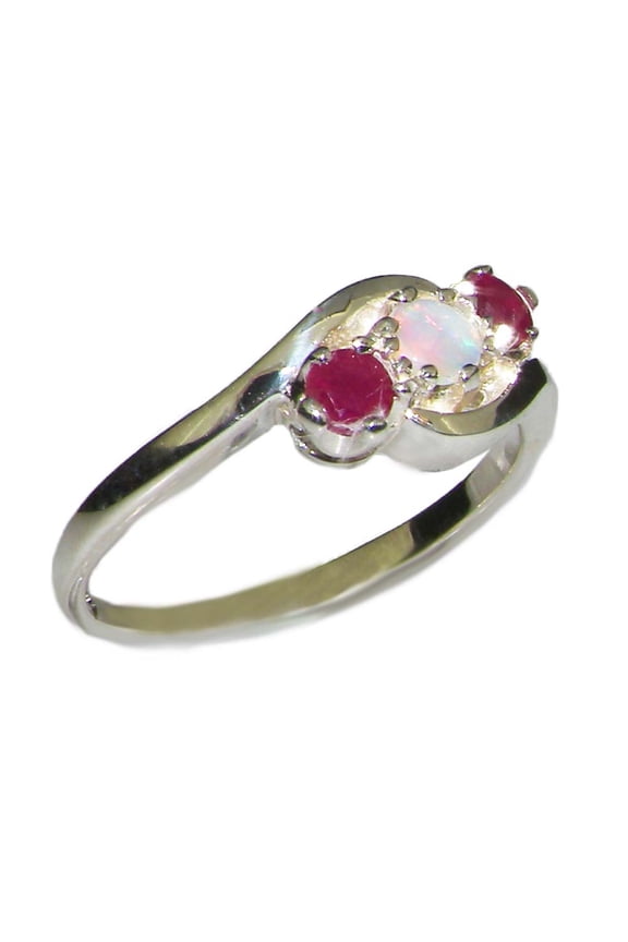 LBG British Made 925 Sterling Silver Natural Opal & Ruby Womens Trilogy Ring - 33 size options - Size 10