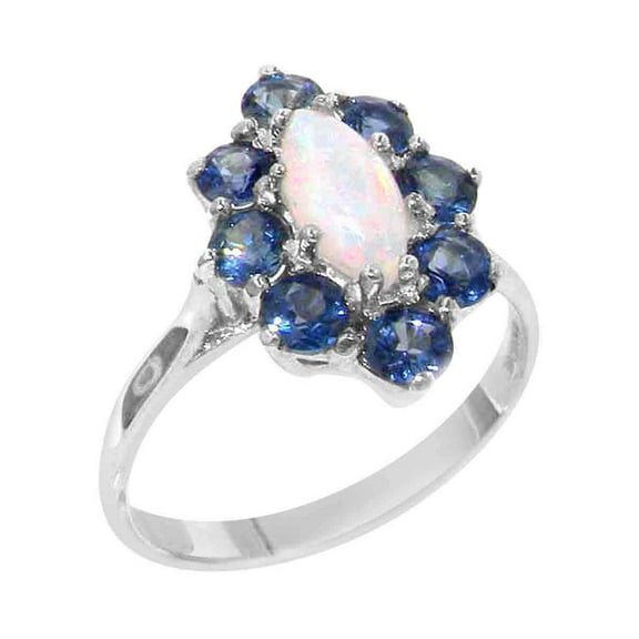 LBG British Made 925 Sterling Silver Natural Opal & Sapphire Womens Statement Ring - 33 size options - Size 10