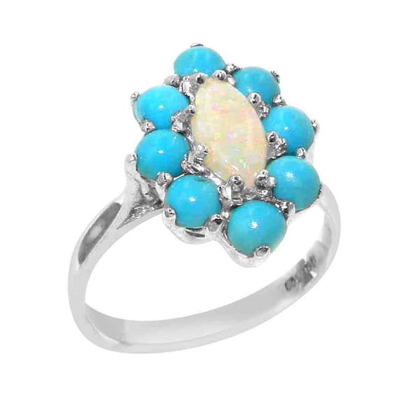 LBG British Made 925 Sterling Silver Natural Opal & Turquoise Womens Statement Ring - 33 size options - Size 10.75