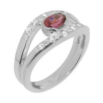 LBG British Made 925 Sterling Silver Natural Pink Tourmaline & Cubic Zirconia Womens Band Ring - 33 size options - Size 10