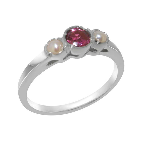 LBG British Made 925 Sterling Silver Natural Pink Tourmaline & Cultured Pearl Womens Anniversary Ring - 33 size options - Size 11.5