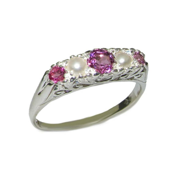 LBG British Made 925 Sterling Silver Natural Pink Tourmaline & Cultured Pearl Womens Band Ring - 33 size options - Size 11