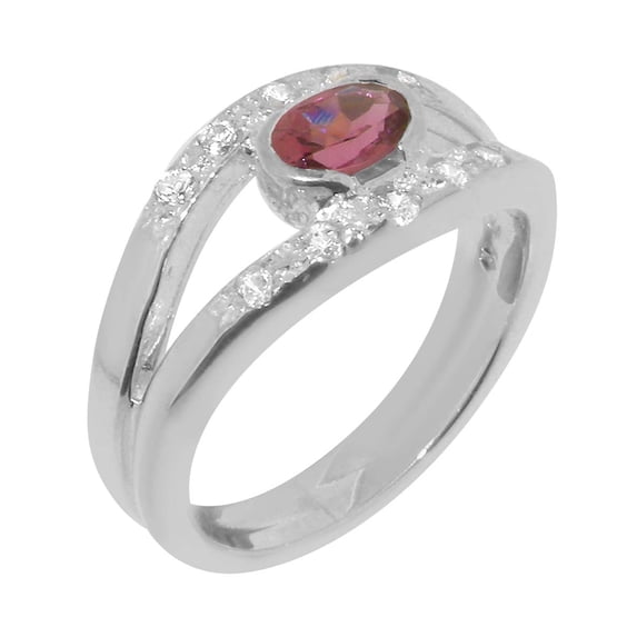 LBG British Made 925 Sterling Silver Natural Pink Tourmaline & Diamond Womens Band Ring - 33 size options - Size 10