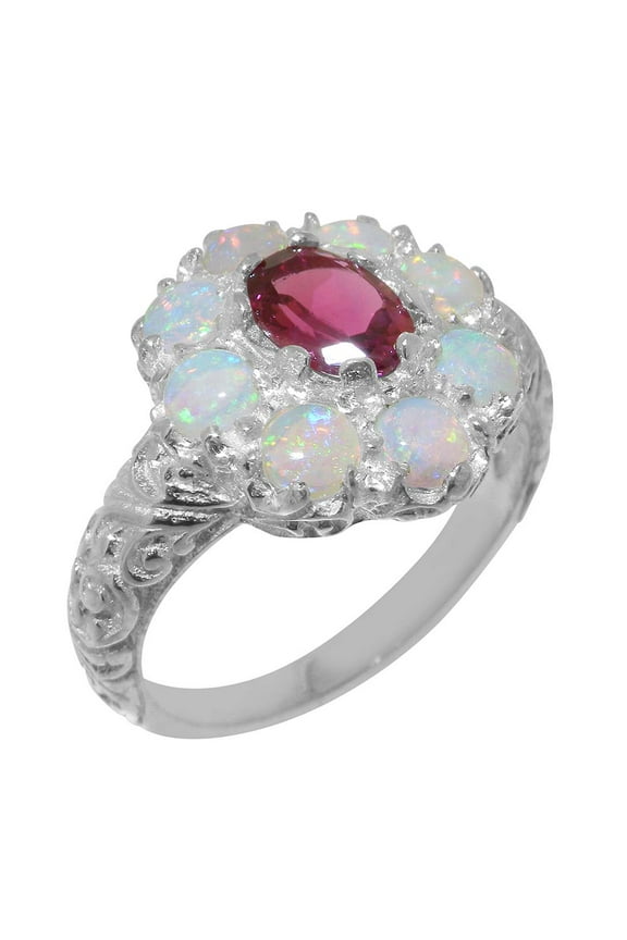 LBG British Made 925 Sterling Silver Natural Pink Tourmaline & Opal Womens Statement Ring - 33 size options - Size 9
