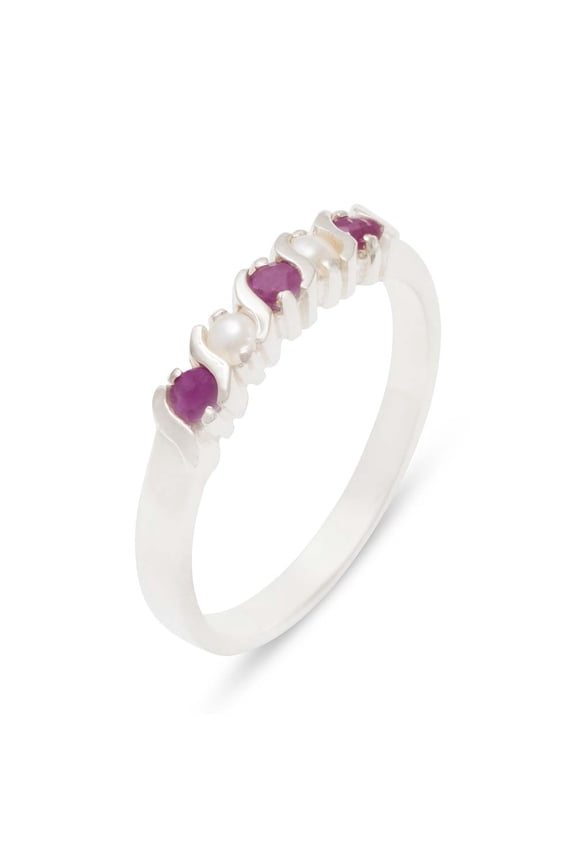 LBG British Made 925 Sterling Silver Natural Ruby & Cultured Pearl Womens Eternity Ring - 33 size options - Sizes 4 to 12 Available