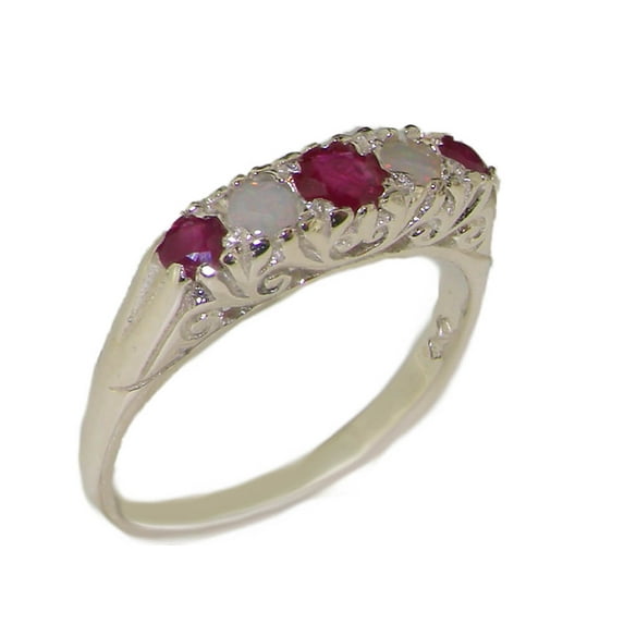 LBG British Made 925 Sterling Silver Natural Ruby & Opal Womens Band Ring - 33 size options - Size 11