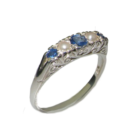 LBG British Made 925 Sterling Silver Natural Sapphire & Cultured Pearl Womens Band Ring - 33 size options - Size 11.25