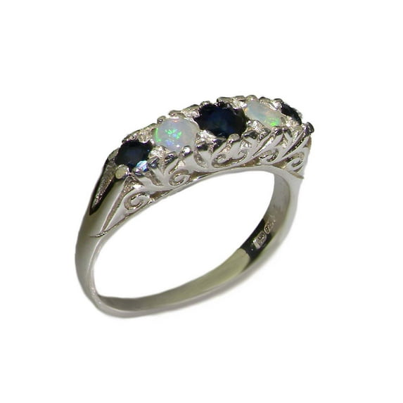 LBG British Made 925 Sterling Silver Natural Sapphire & Opal Womens Band Ring - 33 size options - Size 4.5