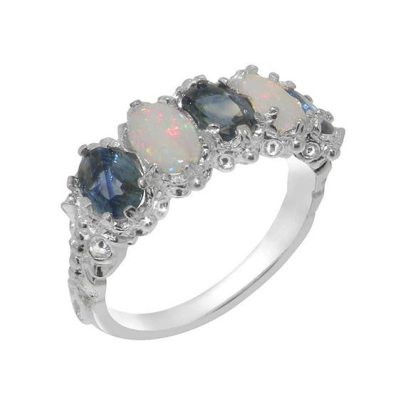 LBG British Made 925 Sterling Silver Natural Sapphire & Opal Womens Eternity Ring - 33 size options - Size 5.75