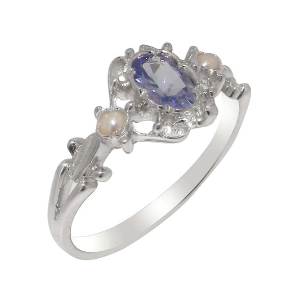 LBG British Made 925 Sterling Silver Natural Tanzanite & Cultured Pearl Womens Engagement Ring - 33 size options - Size 8.5