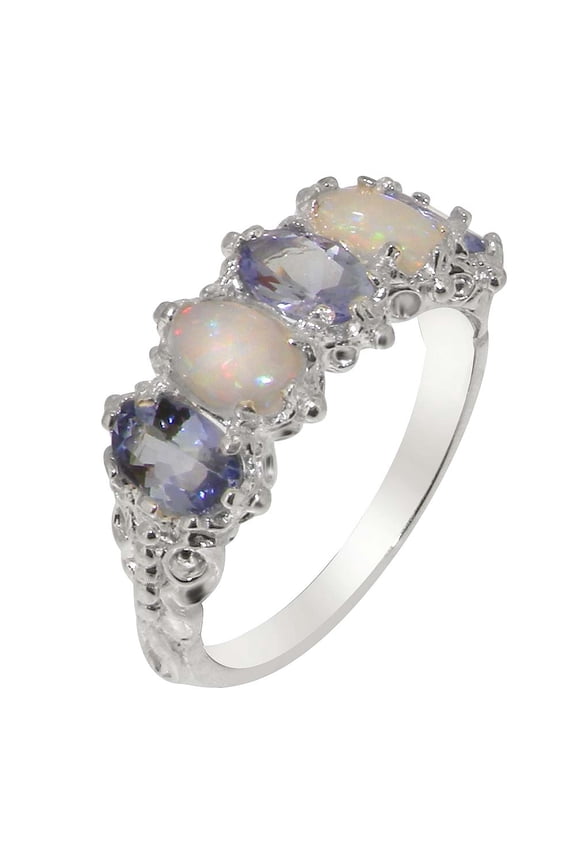 LBG British Made 925 Sterling Silver Natural Tanzanite & Opal Womens Eternity Ring - 33 size options - Size 6.25