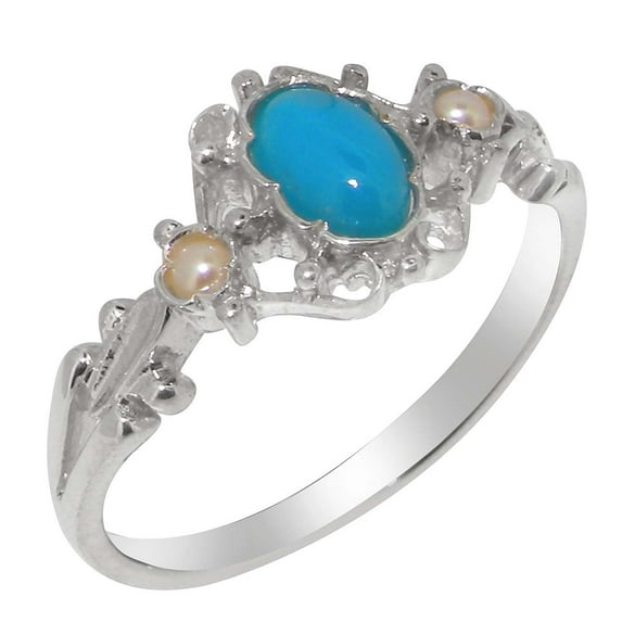 LBG British Made 925 Sterling Silver Natural Turquoise & Cultured Pearl Womens Promise Ring - 33 size options - Size 5.75