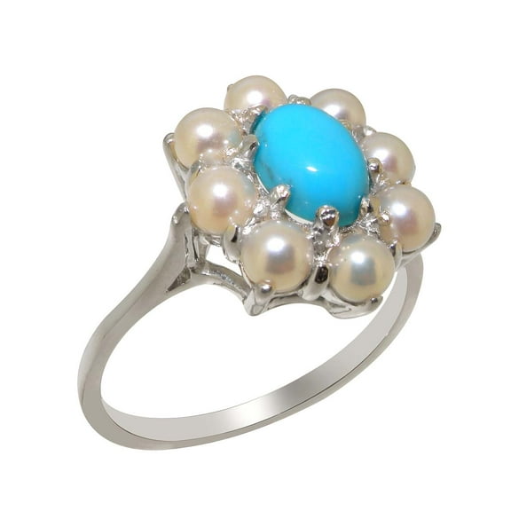 LBG British Made 925 Sterling Silver Natural Turquoise & Cultured Pearl Womens Promise Ring - 33 size options - Size 6
