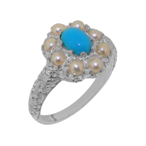 LBG British Made 925 Sterling Silver Natural Turquoise & Cultured Pearl Womens Statement Ring - 33 size options - Size 9