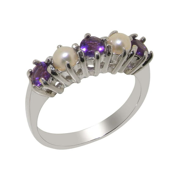 LBG British Made 925 Sterling Silver Real Amethyst & Cultured Pearl Womens Eternity Ring - 33 size options - Size 5.5